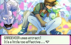 1girl 2boys ? absurdres anus arm_around_shoulder ashraely black_footwear blush breasts brock_(pokemon) brown_hair brown_pants character_name closed_eyes collarbone colored_skin crystal dark-skinned_male dark_skin english_text fingering full_body gardevoir gen_1_pokemon gen_3_pokemon green_hair green_shirt green_skin hands_up heart heart-shaped_pupils hetero highres interspecies kiss kneeling large_areolae large_breasts multicolored_skin multiple_boys navel nintendo nipples onix open_clothes open_mouth open_shirt open_vest orange_vest pants pokemon pokemon_(anime) pokemon_(creature) pokemon_dppt_(anime) pokemon_rse pokephilia pussy rhydon shirt shoes short_hair short_sleeves spread_legs squatting statue stomach symbol-shaped_pupils text_focus two-tone_skin vaginal vest wally_(pokemon) white_skin