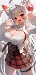 Rule 34 | 1girl, absurdres, ahoge, animal ear fluff, animal ears, blush, breasts, claw pose, cleavage, copyright request, cowboy shot, fang, fox ears, hair ornament, hair ribbon, high-waist skirt, highres, keureu (tiqkdtiqkd10), large breasts, long hair, long sleeves, looking at viewer, open mouth, plaid clothes, plaid skirt, puffy long sleeves, puffy sleeves, red eyes, ribbon, simple background, skirt, solo, standing, sweater, thigh strap, tongue, tongue out, very long hair, virtual youtuber, white hair, white sweater, x hair ornament