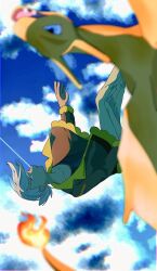 1boy blurry blurry_foreground brown_jacket charizard closed_mouth cloud commentary_request day falling fire flame-tipped_tail friede_(pokemon) gen_1_pokemon hana_ikada_(etux5744) jacket male_focus nintendo outdoors pants pokemon pokemon_(anime) pokemon_(creature) pokemon_horizons shirt short_hair sky tail