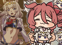 2girls :3 animal_ears blue_eyes bow brown_hair chibi chibi_inset crop_top cropped_jacket diamond_hairband grey_hair hair_bow hairband horse_ears horse_girl horse_tail jacket jazz_jack long_hair midriff multiple_girls navel necktie norn_ace_(umamusume) oguri_cap_(umamusume) open_mouth red_bow red_necktie ribs sweat tail teeth umamusume umamusume:_cinderella_gray upper_teeth_only white_jacket yellow_hairband