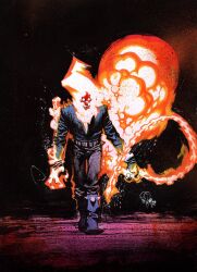 1boy black_background black_boots black_jacket black_pants boots chain commentary commission english_commentary explosion fire ghost_rider ghost_rider_(series) highres holding holding_chain jacket james_harren leaning_forward looking_to_the_side male_focus marvel open_hand pants second-party_source shoulder_spikes signature skull solo spiked_boots spikes walking western_comics_(style)