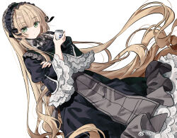 1girl black_capelet black_dress black_hairband black_headdress blonde_hair capelet chinese_commentary closed_mouth commentary_request dress dutch_angle expressionless frilled_dress frilled_sleeves frills gosick gothic_lolita green_eyes hairband highres holding holding_smoking_pipe lolita_fashion long_hair long_sleeves looking_at_viewer migolu simple_background smoking_pipe solo standing very_long_hair victorica_de_blois watermark weibo_watermark white_background