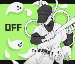 &lt;|&gt;_&lt;|&gt; 1boy add-on_(off) animal arms_up baseball_bat baseball_cap baseball_uniform belt belt_buckle buckle cat commentary_request copyright_name faceless faceless_male fangs ghost grin hat holding holding_baseball_bat holding_weapon layered_clothes layered_sleeves letterboxed long_sleeves looking_at_another male_focus off_(game) pants seikoo_caffeine shirt_tucked_in short_over_long_sleeves short_sleeves smile spectre_(off) sportswear teeth the_batter_(off) the_judge_(off) turtleneck twitter_username weapon