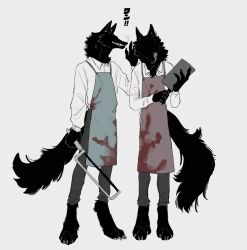 2boys apron black_fur blood blood_on_clothes cleaver dog_boy fangs full_body furry furry_male green_apron hacksaw highres holding holding_weapon licking_lips male_focus multiple_boys muted_color original red_apron saw simple_background tongue tongue_out weapon white_background zumi3
