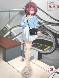 1girl arm_at_side artist_name bag bench blue_shirt blush bracelet cellphone clenched_hand clothes_writing collarbone commentary_request drooling embarrassed escalator flat_chest full_body glasses hand_up handbag highres holding_strap indoors jewelry kakuremino7928 large_variant_set legs legs_together looking_to_the_side looking_up miniskirt nail_polish nose_blush one_eye_closed open_mouth orange_eyes original phone pink_nails pleated_skirt public_indecency public_vibrator purple_hair pussy_juice raised_eyebrows red-framed_eyewear remote_control_vibrator revision saliva sandals semi-rimless_eyewear sex_toy shirt shirt_tucked_in short_hair short_sleeves shoulder_bag sidelocks sign signature skirt smartphone solo speech_bubble stairs standing sweat tears tile_floor tiles toenail_polish toenails translated trembling twitter_username variant_set vibrator vibrator_under_clothes white_sandals white_skirt wince