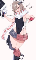 1girl absurdres american_flag american_flag_print american_flag_skirt artist_name asymmetrical_gloves black_one-piece_swimsuit blue_gloves competition_swimsuit convorbire-voivode denim denim_skirt flag_print gloves headgear highleg highleg_one-piece_swimsuit highres holding holding_weapon japanese_flag kantai_collection kill_markings long_hair mismatched_gloves one-piece_swimsuit partially_fingerless_gloves pointing pointing_at_viewer print_skirt profanity red_gloves rigging scarf simple_background skirt solo swimsuit wahoo_(kancolle) wahoo_kai_(kancolle) weapon white_background