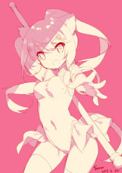 10s 1girl 2017 animal_ears arm_behind_head arm_up artist_name bangle blush bracelet breasts covered_erect_nipples cowboy_shot fang female_focus floating_hair golden_snub-nosed_monkey_(kemono_friends) hair_between_eyes head_tilt high_ponytail holding holding_staff jewelry kemono_friends leotard long_hair looking_at_viewer medium_breasts monkey_ears monkey_tail monochrome open_mouth outstretched_arm pink_background pink_theme ponytail saru sketch solo staff tail thighhighs very_long_hair