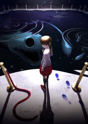 1girl absurdres black_socks brown_hair commentary_request expressionless fingernails footprints highres ib_(ib) ib_(kouri) kneehighs kurome_(user_mgpz3872) long_hair looking_at_viewer monster red_eyes red_shoes red_skirt ripples shirt shoes skirt socks solo stanchion standing water white_shirt