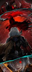 2girls absurdres armor black_armor blood blood_on_clothes blood_on_face cape coat combat_knife e.g.o_(project_moon) gebura_(project_moon) hair_intakes highres holding holding_knife holding_sword holding_weapon knife library_of_ruina lobotomy_corporation long_hair lubban mimicry_(e.g.o) multiple_girls myo_(project_moon) open_mouth orange_cape project_moon red_coat red_hair short_hair smile sword very_long_hair weapon white_hair