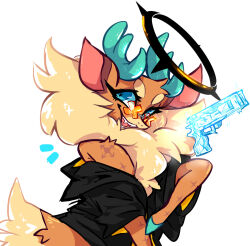 Rule 34 | animal, animal focus, antlers, black jacket, blue eyes, clothed animal, commentary, cosplay, deer, english commentary, fluffy, genre connection, guilty gear, guilty gear strive, gun, halo, happy chaos, happy chaos (cosplay), highres, horns, hoshposh, jacket, looking at viewer, no humans, reindeer, scar, sharp teeth, simple background, solo, sunglasses, tail, teeth, them&#039;s fightin&#039; herds, upper body, velvet (them&#039;s fightin&#039; herds), weapon, white background