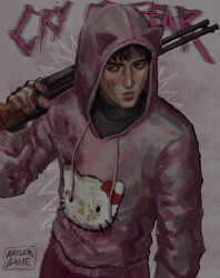 1boy animal_hood antlergrave bags_under_eyes black_eyes black_gloves black_hair blood blood_on_clothes blood_on_face cry_of_fear english_text exhausted fingerless_gloves gloves gun hello_kitty_print highres holding holding_gun holding_weapon hood hood_up hoodie male_focus over_shoulder pink_hoodie shotgun simon_henriksson solo upper_body weapon weapon_over_shoulder
