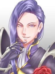 1boy armor artist_name asymmetrical_hair fire_emblem fire_emblem:_three_houses flower gloves highres long_hair lorenz_hellman_gloucester lorenz_hellman_gloucester_(timeskip) male_focus nintendo purple_eyes purple_hair rose solo teeth upper_body white_background yumikari07