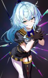 Rule 34 | 1girl, absurdres, alternate costume, asymmetrical legwear, belt, black belt, black gloves, black romper, black thighhighs, blue bow, blue bowtie, blue hair, blush, bow, bowtie, commentary request, feet out of frame, gloves, green eyes, grey background, grin, haikeiyu, hair intakes, highres, kasukane shino, leaning forward, long hair, looking at viewer, mismatched legwear, nanashi inc., pantyhose, romper, single leg pantyhose, single thighhigh, smile, solo, standing, thighhighs, virtual youtuber, white pantyhose