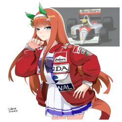 Rule 34 | 1girl, absurdres, animal ears, ayrton senna, ayrton senna (cosplay), blue eyes, bow, bowtie, brand name imitation, car, character name, closed mouth, commentary, cosplay, cropped legs, ear covers, formula one, formula racer, hair ornament, hairband, hand on own hip, hand up, highres, holeecrab, horse ears, horse girl, horse tail, jacket, long hair, looking at viewer, marlboro, miniskirt, motor vehicle, open clothes, open jacket, orange hair, photo inset, pleated skirt, purple bow, purple bowtie, purple shirt, race vehicle, racecar, real life, red jacket, sailor collar, school uniform, shirt, silence suzuka (umamusume), simple background, skirt, smile, solo, symbol-only commentary, tail, tracen school uniform, umamusume, white background, white hairband, white sailor collar, white skirt