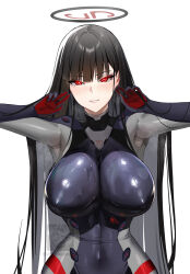 1girl absurdres alcoholrang black_bodysuit black_hair blue_archive blush bodysuit breasts covered_erect_nipples covered_navel grin hair_ornament hairclip halo highres large_breasts long_hair looking_at_viewer red_eyes rio_(blue_archive) smile solo