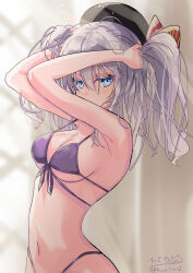 Rule 34 | 1girl, absurdres, beret, bikini, black hat, blue eyes, breasts, commentary request, front-tie bikini top, front-tie top, grey hair, hat, highleg, highleg bikini, highres, hizaka, kantai collection, kashima (kancolle), long hair, looking at viewer, medium breasts, multi-strapped bikini top, navel, one-hour drawing challenge, purple bikini, solo, swimsuit, twintails, upper body, wavy hair