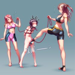 1boy 2futa arms_behind_back ass ball_busting bdsm bike_shorts bondage bound braid breasts cbt censored cleavage collar commentary_request crotch_kick cum erection feet femdom futa_on_male futa_with_male futanari highres japanese_text leash leash_on_penis meguno_(wokada) midriff multiple_futa navel nina_(wokada) nipple_piercing nipples penis piercing pink_eyes slave small_penis sports_bra sunao_(wokada) toeless_legwear trap twin_braids wokada