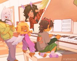 1boy 1other 2girls angel_wings animal_ears antlers apple_print artist_name asriel_dreemurr black_hair blonde_hair cardigan closed_eyes commentary crythartic december_holiday deer_antlers deer_ears deer_girl deltarune english_commentary fake_horns fake_wings food_print fruit_print furry furry_female furry_male goat_boy goat_ears grand_piano green_cardigan green_shorts grey_shirt hairband highres horn_hairband horns instrument kris_(deltarune) multiple_girls music noelle_holiday open_mouth piano plaid_clothes plaid_shirt playing_instrument playing_piano ponytail purple_sweater red_hairband red_shirt sheet_music shirt shorts sitting smile socks sweater white_wings wings