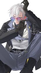 Rule 34 | 1boy, absurdres, belt, belt buckle, black belt, black boots, black coat, black gloves, black shirt, blue choker, blue eyes, blue hair, blue pants, blush, boots, buckle, chain, chain necklace, choker, coat, collared shirt, commentary, crossed bangs, earrings, embarrassed, gem, gloves, gold ring, green eyes, hair between eyes, hands up, highres, jewelry, kaelix debonair, kaohom503, knees up, lapels, long sleeves, male focus, multicolored eyes, multicolored hair, multiple rings, necklace, nijisanji, nijisanji en, nose blush, open clothes, open coat, pants, parted lips, purple-tinted eyewear, ring, round eyewear, shirt, shirt tucked in, short hair, simple background, sitting, solo, sunglasses, sweatdrop, symbol-only commentary, thumb ring, tinted eyewear, two-tone eyes, virtual youtuber, wallet chain, white background, white hair, white shirt, yellow gemstone