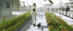 1girl absurdres black_eyes black_hair black_tank_top cat clothesline commentary_request condenser_unit day flower grey_pants hair_ornament hairclip highres holding holding_hose hose jun_(inrshun) medium_hair open_mouth original outdoors pants rooftop tank_top