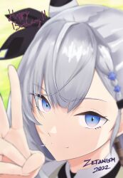 Rule 34 | 1girl, 2022, absurdres, black ribbon, blue eyes, blurry, blurry foreground, braid, close-up, closed mouth, commentary, english commentary, green background, grey hair, hair between eyes, hair ribbon, hand up, happy birthday, highres, hololive, hololive indonesia, looking at viewer, nineroine, portrait, ribbon, smile, solo, v, vestia zeta, vestia zeta (1st costume), virtual youtuber