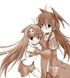 Rule 34 | 2000s (style), 2girls, bandana, breasts, brown theme, closed mouth, commentary request, cowboy shot, cropped jacket, cross, cross necklace, dress, glasses, head wings, hug, hunter (ragnarok online), jewelry, juliet sleeves, long hair, long sleeves, looking at viewer, medium breasts, mei (artist), midriff, miniskirt, monochrome, multiple girls, navel, necklace, open mouth, pince-nez, priest (ragnarok online), puffy sleeves, ragnarok online, short sleeves, shorts, shorts under skirt, side slit, simple background, skirt, skull print, small breasts, smile, white background, wings