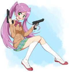 Rule 34 | 1girl, :d, beretta 92, blush, bow, bowtie, brown cardigan, cardigan, collared shirt, dual wielding, from side, green eyes, green skirt, gun, handgun, holding, holding gun, holding weapon, invisible chair, kasugano urara (sabagebu!), long hair, looking at viewer, looking to the side, nel-c, open mouth, pink bow, pink bowtie, plaid clothes, plaid skirt, pleated skirt, purple hair, sabagebu!, school uniform, shirt, shoes, sitting, skirt, smile, socks, solo, swept bangs, twintails, uwabaki, weapon, white shirt, white socks