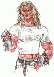 1boy belt blonde_hair bracelet cigarette facial_hair fingerless_gloves gloves hand_on_own_hip holding holding_photo jewelry kawano_takuji long_hair male_focus messy_hair midriff_peek mishima_kazuya muscular official_art paul_phoenix photo_(object) ring shirt simple_background smoking solo sunglasses t-shirt tekken tekken_4 watch white_background