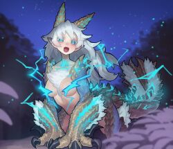 Rule 34 | 1girl, absurdres, blue eyes, breasts, closed mouth, commentary request, dragon girl, dragon horns, dragon tail, ekrea jan, grey hair, highres, horns, long hair, looking at viewer, medium breasts, monster hunter (series), open mouth, pointy ears, tail, teeth, zinogre
