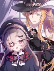 2girls :d absurdres ahoge animal_ears arknights black_bow black_bowtie black_gloves black_hairband black_hat blonde_hair bow bowtie braid brown_hair closed_mouth commentary_request degenbrecher_(arknights) degenbrecher_(the_shadow_of_the_dark_moon)_(arknights) eyepatch gloves hair_between_eyes hair_ornament hairband hat highres light_blush long_hair long_sleeves looking_at_another looking_at_viewer multiple_girls official_alternate_costume one_eye_covered open_mouth orange_eyes popukar_(arknights) popukar_(witch&#039;s_swing)_(arknights) ramel smile tying_another&#039;s_hair x_hair_ornament yellow_eyes