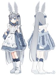 1girl absurdres apron boots bow bowtie dress earrings frilled_apron frills full_body grey_bow grey_bowtie grey_dress grey_hair grey_socks highres jacket jewelry knit_jacket komerina long_hair long_sleeves looking_at_viewer maid maid_apron maid_headdress multiple_views off_shoulder open_clothes open_jacket original sea_slug_ears sea_slug_girl simple_background sleeveless sleeveless_dress sleeves_past_fingers sleeves_past_wrists socks standing triangle_earrings very_long_hair white_apron white_boots