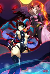 blue_lips bodysuit claws corruption dark_persona demon demon_girl demon_horns demon_wings earrings extra_eyes eye_brooch fire green_eyes hikaru_(mikan0407) horns impossible_bodysuit impossible_clothes jewelry leotard navel niijima_makoto okumura_haru persona persona_5 pointy_ears red_eyes red_lips skin_tight smile wings