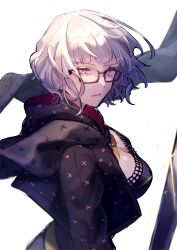 1girl absurdres blue_eyes breasts cleavage closed_mouth commentary_request fate/grand_order fate_(series) floating_hair from_side glasses glint grey_hair highres holding holding_sword holding_weapon jacques_de_molay_(foreigner)_(fate) jacques_de_molay_(foreigner)_(second_ascension)_(fate) migawari_shisso_0128 partial_commentary serious short_hair simple_background solo sparkle sword weapon white_background