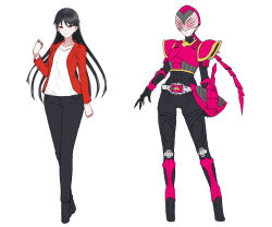 2girls armor belt black_bodysuit black_boots black_hair black_pants bodysuit boots closed_mouth commentary dual_persona eidenjyou1997 full_body genderswap genderswap_(mtf) helmet jacket jewelry kamen_rider kamen_rider_raia kamen_rider_ryuki_(series) light_smile long_hair looking_at_viewer multiple_girls open_clothes open_jacket pants pink_armor pink_helmet red_eyes red_jacket rider-tan rider_belt ring shirt silver_ring simple_background standing tezuka_miyuki v_buckle white_background white_shirt