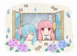 2girls :3 binchou_maguro blue_hair blunt_bangs blush_stickers chibi chibi_only closed_eyes closed_mouth collared_shirt commentary_request contrast_collar flower grey_shirt hair_ribbon head_rest hydrangea kotonoha_akane kotonoha_aoi long_hair multiple_girls pink_eyes pink_hair pink_ribbon plaid_clothes plaid_shirt rain ribbon shirt siblings sidelocks sisters smile teruterubouzu voiceroid yellow_ribbon