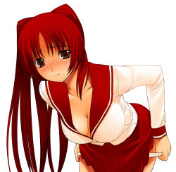 Rule 34 | 1girl, a1 (initial-g), blush, breasts, brown eyes, cleavage, female focus, highres, kousaka tamaki, large breasts, long hair, panties, panty pull, pleated skirt, red hair, school uniform, serafuku, simple background, skirt, solo, sweat, to heart (series), to heart 2, underwear, undressing, white background, white panties
