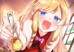 1girl :d absurdres bare_arms bare_shoulders blonde_hair blue_eyes blush bow ceiling collarbone day doctor_magus doctor_magus_4 dress etrian_odyssey fang feeding food highres holding holding_spoon indoors long_hair looking_at_viewer nikki_kyousuke open_mouth pink_bow red_dress ringlets sleeveless sleeveless_dress smile solo spoon tile_ceiling tiles very_long_hair window