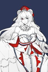 Rule 34 | 1girl, animal ears, arknights, bare shoulders, blue background, blue eyes, breasts, chinese commentary, cleavage, closed mouth, commentary request, crossed bangs, dress, hair between eyes, hair ornament, hat, heterochromia, highres, large breasts, long hair, looking at viewer, off shoulder, official alternate costume, partial commentary, partially colored, piaoliu ping ping ping pingzi, red eyes, red hat, rosa (arknights), rosa (masterpiece) (arknights), simple background, skirt hold, smile, solo, standing, tassel, tassel hair ornament