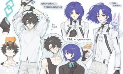 ... 2boys arrow_(symbol) black_gloves black_hair blue_eyes blue_hair blush chaldea_logo chinese_text closed_eyes command_spell conch_(gundam) copyright_name cosplay costume_switch creature crossover drooling fate/grand_order fate_(series) fish2063 food food_on_face fou_(fate) fujimaru_ritsuka_(male) fujimaru_ritsuka_(male)_(cosplay) fujimaru_ritsuka_(male)_(decisive_battle_chaldea_uniform) gloves gundam gundam_gquuuuuux highres holding holding_food holding_spray_can jacket looking_at_viewer male_focus mouth_drool multiple_boys non-humanoid_robot open_mouth pants red_eyes robot shirt short_hair shuji_ito shuji_ito_(cosplay) sleeveless smile solo speech_bubble spoken_ellipsis spray_paint tank_top translation_request white_jacket white_shirt