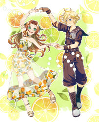 1boy 1girl aerith_gainsborough aerith_gainsborough_(citric_dress) armor bare_shoulders black_sailor_collar black_shirt black_shorts blonde_hair blue_eyes boots border bracelet breasts brown_footwear brown_gloves brown_hair cleavage cloud_print cloud_strife cloud_strife_(maritime_sailor) couple dancing dress earrings elbow_pads final_fantasy final_fantasy_vii final_fantasy_vii_ever_crisis fingerless_gloves food-themed_earrings food_print food_themed_earrings fruit_print full_body gloves gold_armlet gold_belt gold_choker gold_footwear green_background green_eyes green_ribbon hair_ribbon half_updo happy hetero holding_hands jewelry jo_ro_ri leather_armor long_dress long_hair looking_at_another medium_breasts multiple_bracelets multiple_rings official_alternate_costume open_mouth orange-shaped_earrings orange-shaped_ornament orange_print parted_bangs print_background print_dress ribbon ring sailor_collar see-through_clothes see-through_skirt shirt short_hair short_sleeves shorts shoulder_armor side_slit sidelocks single_elbow_pad single_glove skirt smile spiked_hair strapless strapless_dress toeless_footwear twitter_username white_border