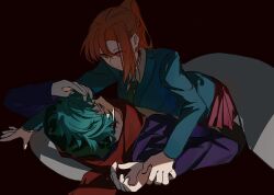 1boy 1girl alternate_eye_color aqua_eyes aqua_hair black_background blanket blazer blue_jacket braid chidouin_sara choker closed_mouth collared_shirt empty_eyes girl_on_top green_necktie hand_on_own_forehead high_ponytail highres hiyori_sou jacket kimi_ga_shine long_hair long_sleeves looking_at_another lying lying_on_person necktie on_back on_stomach open_clothes open_jacket orange_hair parted_bangs pillow pink_skirt pleated_skirt ponytail purple_jacket red_eyes red_scarf scarf school_uniform serious shirt short_hair side_part single_sidelock skirt straight_hair sweatdrop white_shirt yellow_shirt yellowmao0509