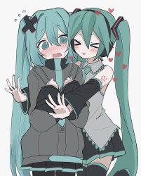 &gt;_&lt; 2girls @_@ aqua_eyes aqua_hair batsu_miku boots detached_sleeves grey_jacket grey_shirt hair_between_eyes hair_ornament hatsune_miku headphones heart highres hug jacket kowareta_sekai_to_utaenai_miku long_hair long_sleeves multiple_girls official_alternate_costume official_alternate_hairstyle open_mouth project_sekai shirt simple_background sleeveless sleeveless_shirt smile thigh_boots turtleneck turtleneck_jacket twintails very_long_hair vocaloid white_background x_hair_ornament yukia_1128