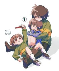 ! 3others black_pants brown_hair chara_(undertale) closed_eyes closed_mouth deltarune frisk_(undertale) hair_between_eyes hair_over_one_eye heart heart_necklace highres holding jewelry kris_(deltarune) long_sleeves multiple_others necklace open_mouth pants red_eyes shoes shorts simple_background sitting sketch smile socks spoken_exclamation_mark striped_clothes striped_sweater sweater tadeno undertale white_background white_socks