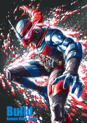 Rule 34 | 1boy, absurdres, armor, black bodysuit, blue armor, blue eyes, bodysuit, build driver, character name, rider belt, english text, fish.boy, fullbottle, gloves, heterochromia, highres, kamen rider, kamen rider build, kamen rider build (series), male focus, outstretched arms, rabbit+tank form, rabbit fullbottle, red armor, red eyes, red gloves, ribbed bodysuit, rider belt, sparks, spread arms, tank fullbottle, tokusatsu