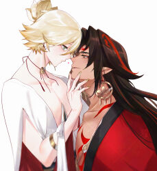 absurdres asura_(onmyoji) bishounen black_hair blonde_hair chest_tattoo closed_mouth collarbone commentary earrings eyeliner facial_mark from_side green_eyes hand_on_another&#039;s_chin heart highres jewelry konsai_2 long_hair looking_at_another makeup male_focus multicolored_hair muscular muscular_male onmyoji red_eyeliner red_hair red_tattoo short_hair simple_background skinny symbol-only_commentary taishakuten_(onmyoji) tattoo trap two-tone_hair upper_body white_background yellow_nails
