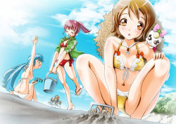 10s 3girls aino_megumi beach bikini blue_(happinesscharge_precure!) blue_eyes blue_hair blue_sky brown_hair bucket cloud day gabetoshi gurasan_(happinesscharge_precure!) happinesscharge_precure! long_hair multiple_girls navel oomori_yuuko orange_eyes outdoors pink_eyes pink_hair ponytail precure rake ribbon_(happinesscharge_precure!) shirayuki_hime sky sogabe_toshinori squatting swimsuit
