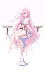 1girl absurdly_long_hair absurdres bare_shoulders barefoot black_shorts breasts chinese_commentary cleavage closed_mouth commentary_request diamond-shaped_pupils diamond_(shape) elysia_(herrscher_of_human:_ego)_(honkai_impact) elysia_(honkai_impact) feet full_body gloves gokusaishiki_(1376145360) hair_ornament highres honkai_(series) honkai_impact_3rd large_breasts leotard long_hair on_table pink_hair pointy_ears purple_eyes reflective_floor short_shorts shorts sitting sitting_on_table smile solo symbol-shaped_pupils table thighs toes triquetra veil very_long_hair white_gloves white_leotard white_veil