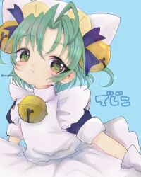 1girl animal_hat apron bell blue_background cat_hat closed_mouth dejiko di_gi_charat green_eyes green_hair hair_bell hair_ornament hair_ribbon hat highres looking_at_viewer puffy_short_sleeves puffy_sleeves renakobonb ribbon short_hair short_sleeves simple_background solo