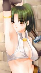 1girl 2000s_(style) armpits ayase_mai_(jelly^2_fish) bikini bikini_top_only black_skirt blush breasts brick_wall commentary_request covered_erect_nipples detached_sleeves green_hair hammer high_ponytail holding holding_hammer large_breasts looking_at_viewer open_mouth ponytail ragnarok_online short_hair skirt smile solo sweat swimsuit upper_body white_bikini whitesmith_(ragnarok_online) yellow_eyes