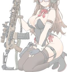 armband assault_rifle black_gloves boots bow breasts brown_hair cleavage closed_mouth collar detached_collar frills glasses gloves gun gun_sling hand_on_own_thigh handgun headset highres holding holding_gun holding_weapon holster kneeling large_breasts legband leotard long_hair microphone mikeran_(mikelan) original partially_fingerless_gloves playboy_bunny rabbit_tail red_bow rifle scope sig_mcx simple_background smile tail thick_thighs thigh_holster thighhighs thighs weapon white_background wide_hips wrist_cuffs